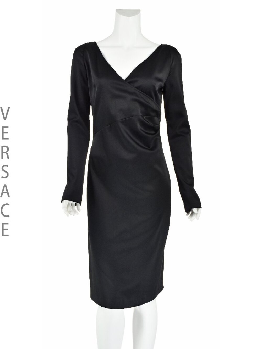 VERSACE JEANS COUTURE Vintage Black V-Neck Stretchy Satin Cocktail Dress, SZ M